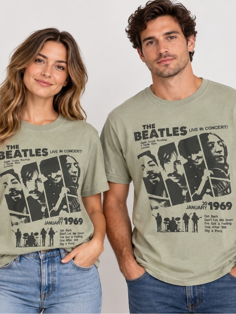 The Beatles Rooftop Concert 1969 Graphic T-Shirt Desert Sage Green Size M NWT